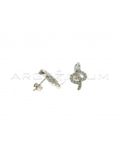 Snake lobe earrings with white zircon body and smooth head with white gold plated engraved eyes in 925 silver