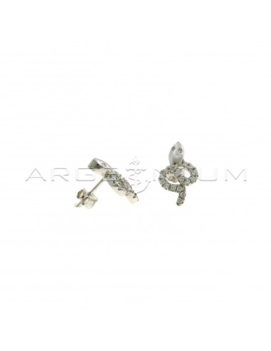 Snake lobe earrings with white zircon body and smooth head with white gold plated engraved eyes in 925 silver
