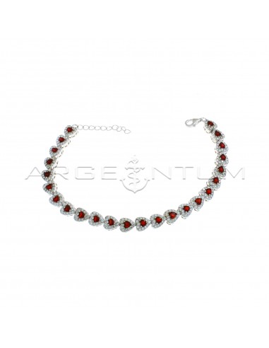 Bracelet with red zircon hearts in white zircon frames in 925 silver