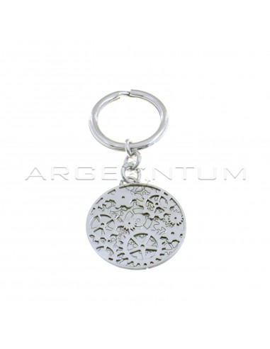 Keychain with rolò mesh segment, round pendant with perforated gears on an engraved base and white gold plated brisèe hook in 925 silver