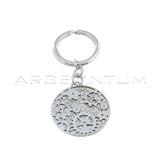 Keychain with rolò mesh segment, round pendant with perforated gears on an engraved base and white gold plated brisèe hook in 92