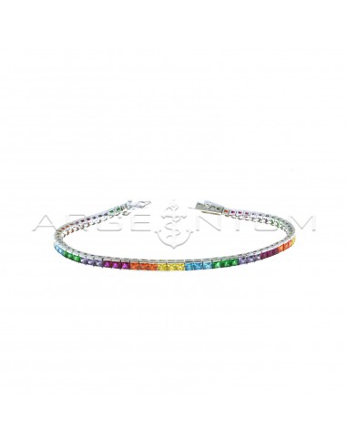 White gold plated tennis bracelet with 3 mm square rainbow zircons in 925 silver