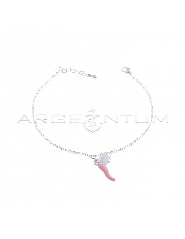 Forced mesh bracelet with central four-leaf clover pendants and white gold plated rose enamel horn in 925 silver
