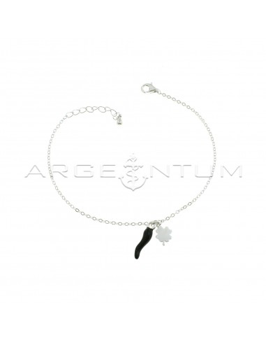 Forced mesh bracelet with central four-leaf clover pendants and white gold plated black enameled horn in 925 silver