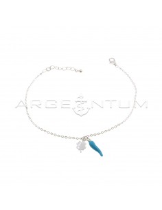 Forced mesh bracelet with central four-leaf clover pendants and white gold plated blue enameled horn in 925 silver