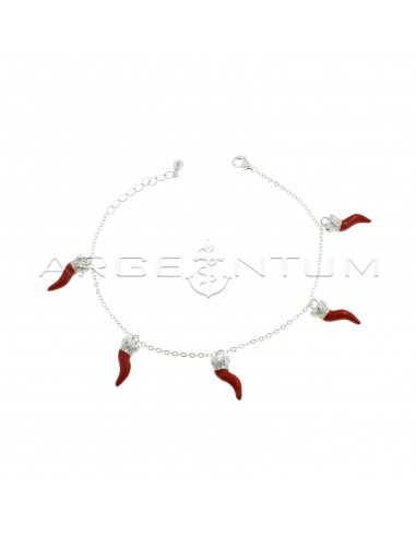 Forced mesh bracelet with micro-cast horns and pendants with red enamel and white dotted and semi-zircon crowns, white gold plated in 925 silver