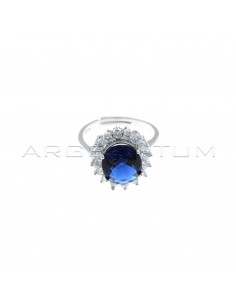 Adjustable ring with blue oval stone in white gold-plated white zircon frame in 925 silver