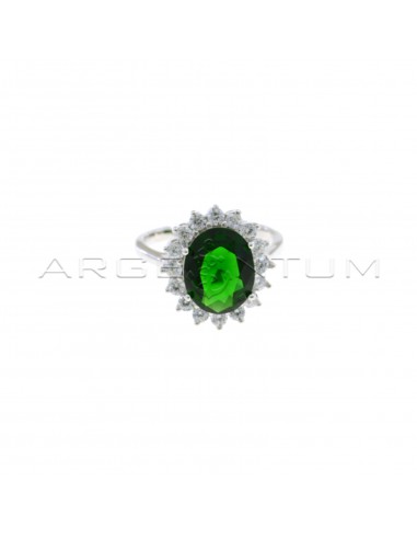 Adjustable ring with green oval stone in a white gold-plated white zircon frame in 925 silver