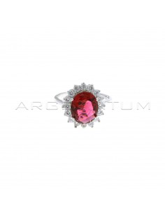 Adjustable ring with red oval stone in white gold-plated white zircon frame in 925 silver