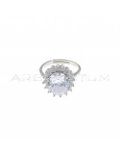 Adjustable ring with white oval stone in white gold-plated white zircon frame in 925 silver