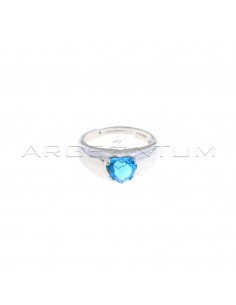 Adjustable ring with central light blue heart zircon plated white gold in 925 silver