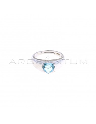 Adjustable ring with central blue zircon with white gold plated heart in 925 silver