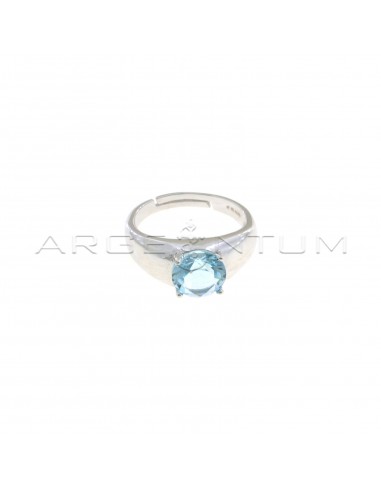 Adjustable ring with central round blue zircon white gold plated in 925 silver