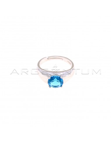 Adjustable ring with central round light blue zircon plated white gold in 925 silver