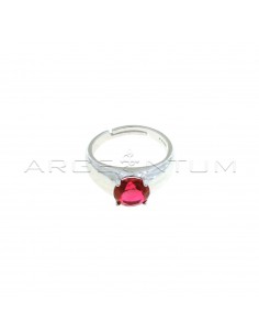 Adjustable ring with central round red zircon white gold plated in 925 silver