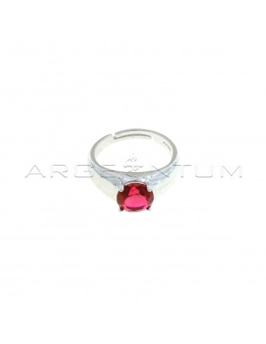 Adjustable ring with central round red zircon white gold plated in 925 silver