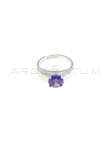 Adjustable ring with central round purple zircon white gold plated in 925 silver