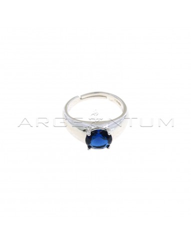 Adjustable ring with central round blue zircon plated white gold in 925 silver