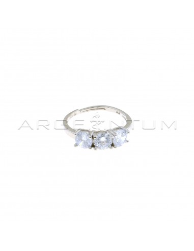 Adjustable trilogy ring with 5 mm white zircons white gold plated in 925 silver