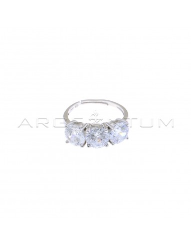 Adjustable trilogy ring with 7 mm white zircons white gold plated in 925 silver
