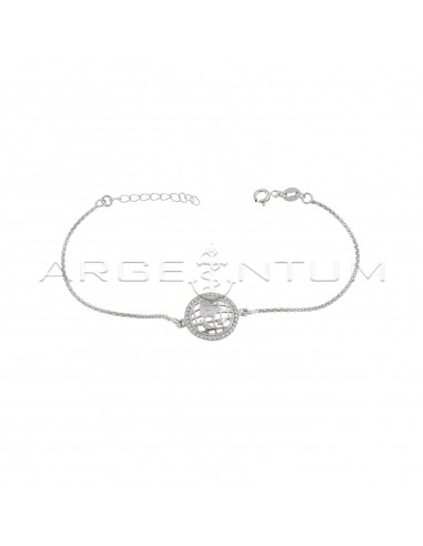 Pop corn mesh bracelet with central perforated and convex planisphere in white zircon plated round white gold plated 925 silver