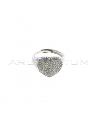 Adjustable heart shield ring in white gold plated white cubic zirconia pave in 925 silver