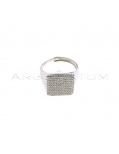 Adjustable square shield ring with white zircons pave white gold plated in 925 silver