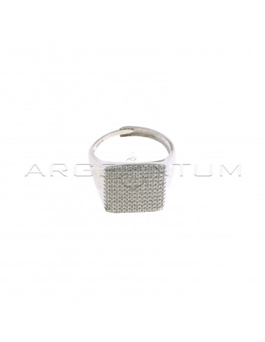 Adjustable square shield ring with white zircons pave white gold plated in 925 silver