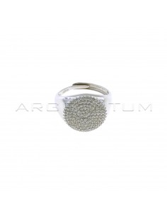 Adjustable round shield ring with white zircons pave white gold plated in 925 silver