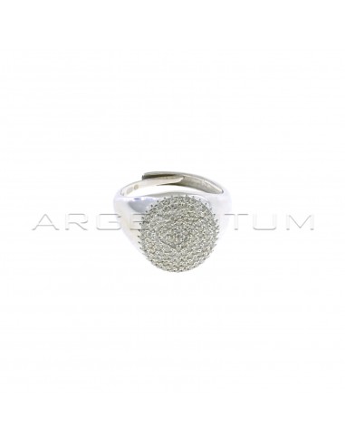 Adjustable oval shield ring with white zircons pave white gold plated in 925 silver