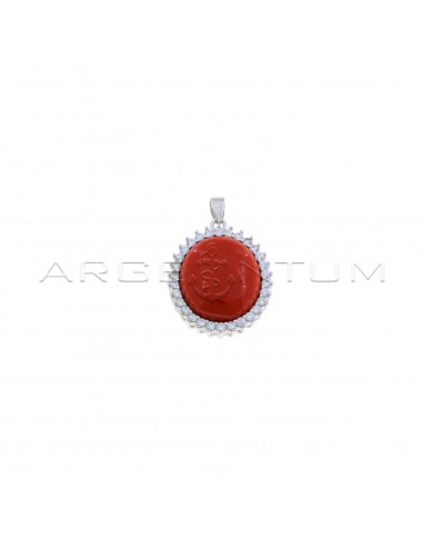 Pendant with oval coral paste stone in a white gold-plated white zircon frame in 925 silver