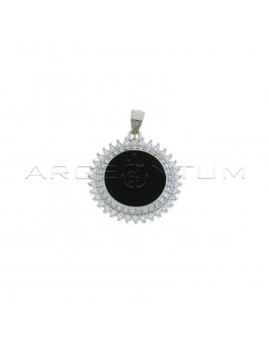 Round pendant in onyx in a frame of white zircons plated white gold in 925 silver