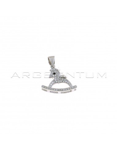 Rocking horse pendant in white cubic zirconia pave with shiny saddle and white gold plated black zircon eye in 925 silver