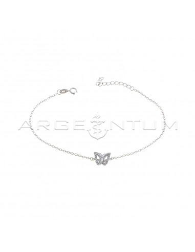 Oval rolò mesh bracelet with central perforated butterfly with white zircon wings, white gold plated in 925 silver