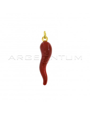 Red enameled horn pendant 42x10 mm yellow gold plated in 925 silver