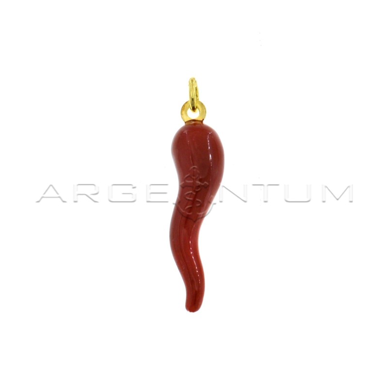 Red enameled horn pendant 42x10 mm yellow gold plated in 925 silver