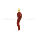 Ciondolo corno smaltato rosso 42x10 mm placcato oro giallo in argento 925
