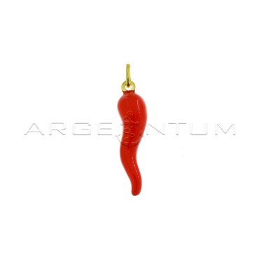 Coral red enameled horn pendant 35x9 mm yellow gold plated in 925 silver