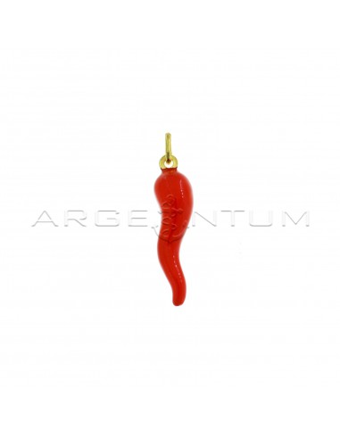 Coral red enameled horn pendant 35x9 mm yellow gold plated in 925 silver