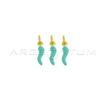 Ciondoli corni 4x13 mm smaltati verde acqua placcati oro giallo in argento 925 (3 pz.)