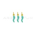 Ciondoli corni 4x13 mm smaltati verde acqua placcati oro giallo in argento 925 (3 pz.)