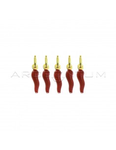 Red enamelled horn pendants 5x18 mm yellow gold plated in 925 silver (5 pcs.)