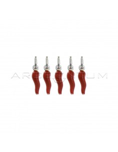 Red enamelled horns pendants 5x18 mm in 925 silver (5 pcs.)