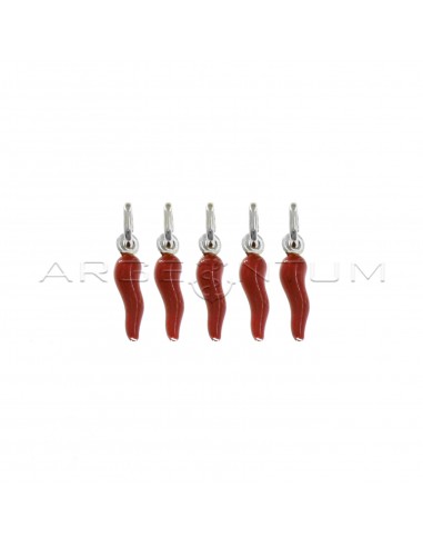 Red enamelled horns pendants 5x18 mm in 925 silver (5 pcs.)