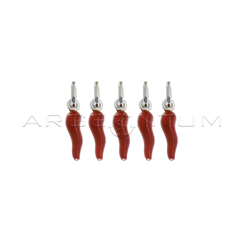 Red enamelled horns pendants 5x18 mm in 925 silver (5 pcs.)