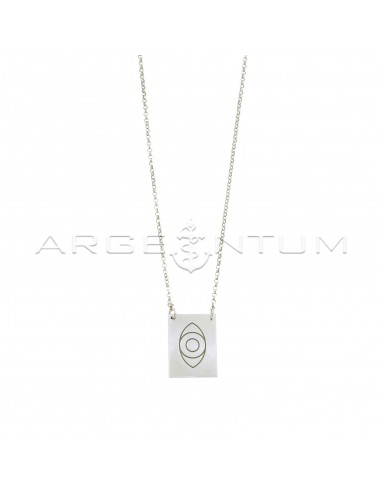 Diamond-coated rolò link necklace with central plate plate with engraved eye, white gold plated in 925 silver