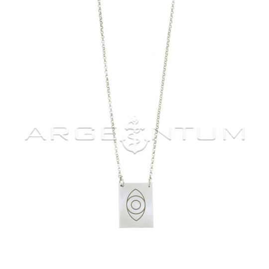 Collana maglia rolò diamantata con piastra centrale a lastra con occhio inciso placcata oro bianco in argento 925