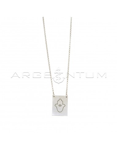 Diamond-coated rolo chain necklace with central plate with engraved hand of Fatima, white gold plated in 925 silver