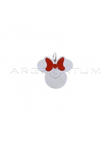 Plate Minnie Mouse pendant with red enameled bow in white gold plated 925 silver