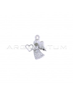 Angel pendant with pierced heart, white zircon pave dress and white gold plated counter-link in 925 silver